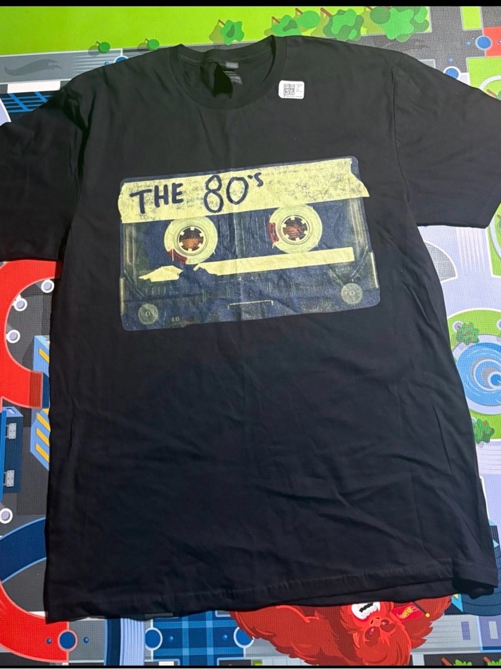 Black Short-Sleeve Tee with Yellow Cassette Graphic